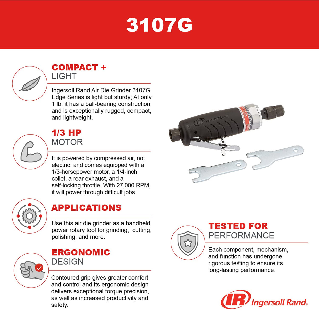 Ingersoll Rand 3107G Air Die Grinder Edge Series – 1/4", Heavy Duty, Straight, Ergonomic Grip, Ball Bearing Construction, Lightweight Tool, Black Ingersoll Rand