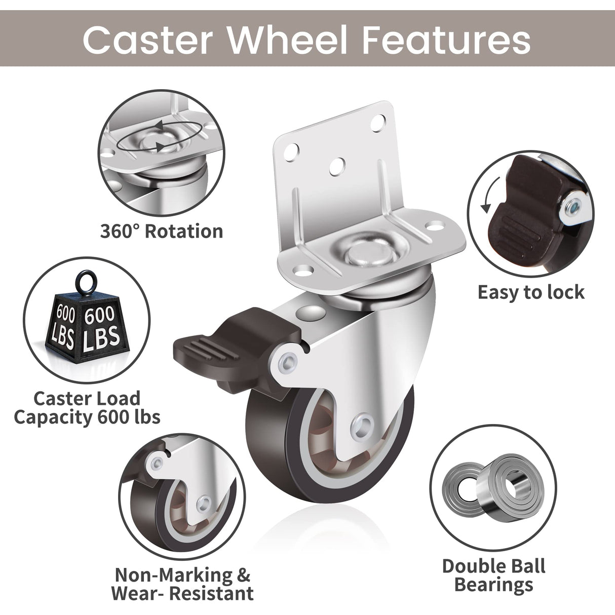 Nefish Side Mount Casters 2 Inch L-Shaped Small Rubber Caster Set of 4, Ball Bearing 360 Degree Plate Swivel Castors Wheel 600 LBS, Casters Wheels Nefish