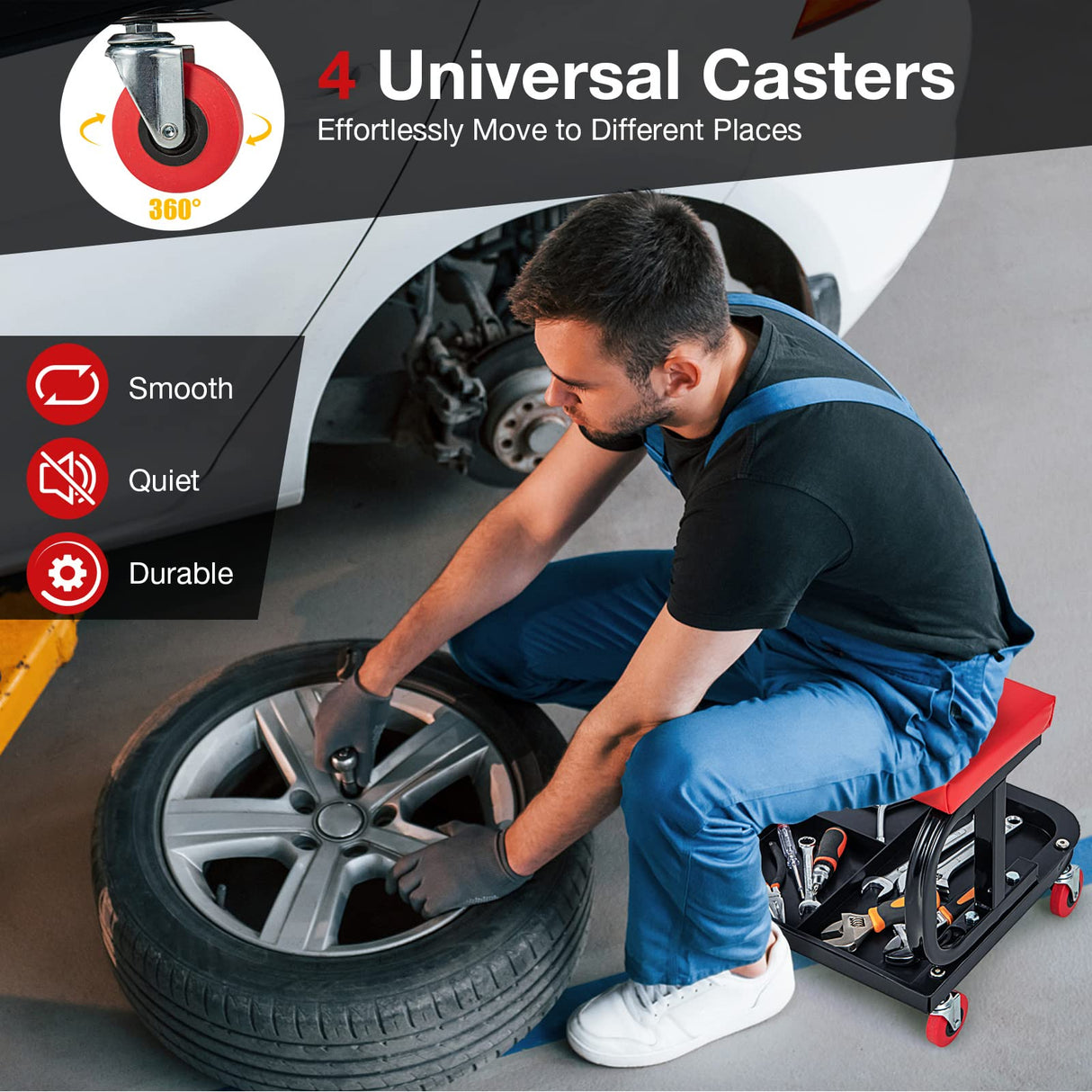 GOFLAME Rolling Creeper Garage/Shop Seat, Soft Padded Mechanic Stool with Segmented Tool Tray Storage, Heavy-Duty Garage Roller Seat with 4 Universal GOFLAME