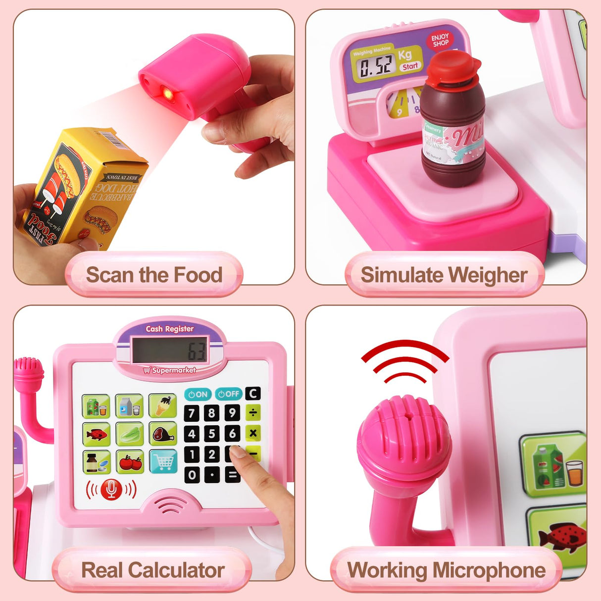 Pretend Play Calculator Cash Register Toy Gift for Kids Girls Age 3, 4, 5, 6, 7, 8+ Year Old, 57 Pcs Pink Grocery Store Playset, Incl Microphone, BAODLON