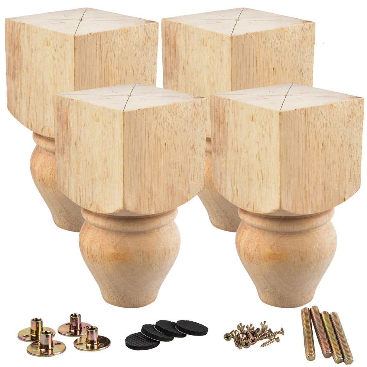 La Vane 5 inch / 12cm Wooden Furniture Legs, Set of 4 Solid Wood Carved Geometry Unfinished Replacement Bun Feet with Mounting Plate & Screws for La Vane
