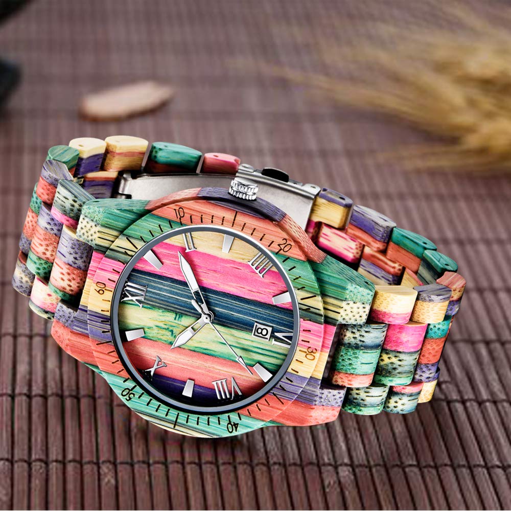 Tiong Brand Wooden Watches Mens with Handmade Colorful Bamboo Wood Watch Analog Date Quartz Wooden Watch for Men Tiong