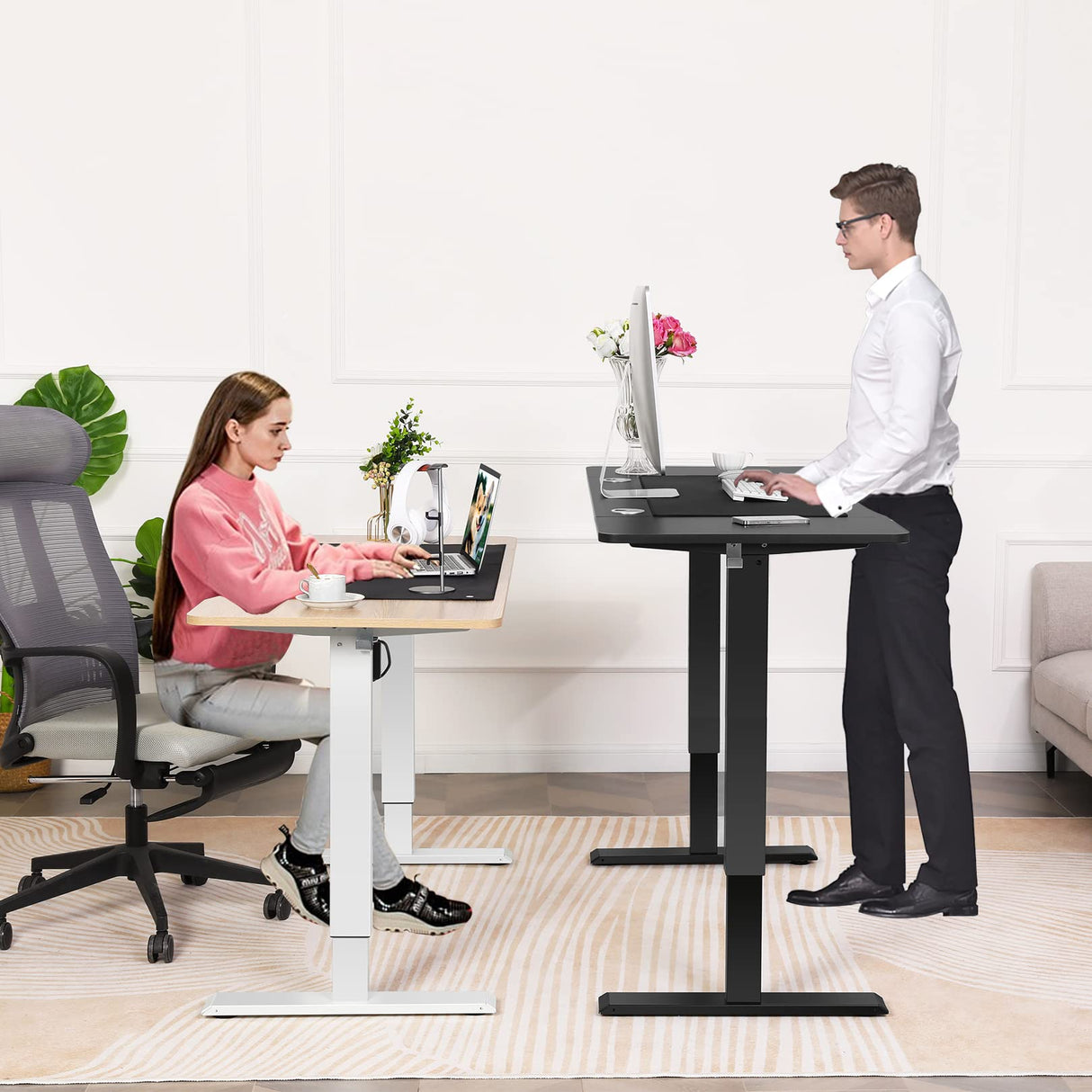 55 x 24 Inch Electric Standing Desk Adjustable Height, Sit-Stand Desk with Four Preset Heights, Ergonomic Curved Desktop, Double Crossbeam Structure, farexon
