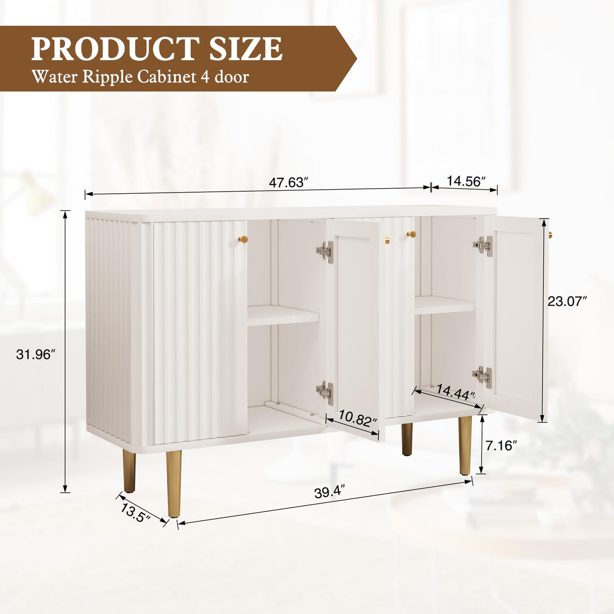 HLR Sideboard Buffet Cabinet, 48" Modern Accent Cabinet with 4 Door and Removable Shelves, Credenza Entryway Cabinet with Storage for Living Room, HLR