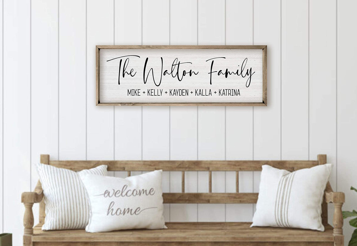 Personalized Framed Wooden Family Name Sign (6" x 18", Weathered Grey Frame, White Background) MRC Wood Products