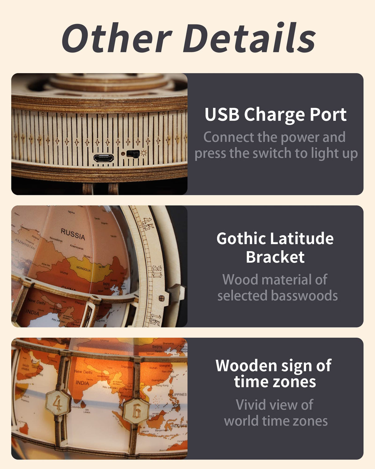 ROKR LED Illuminated 3D Wooden Globe Puzzle - Model Building Kit for Adults and Teens ROKR