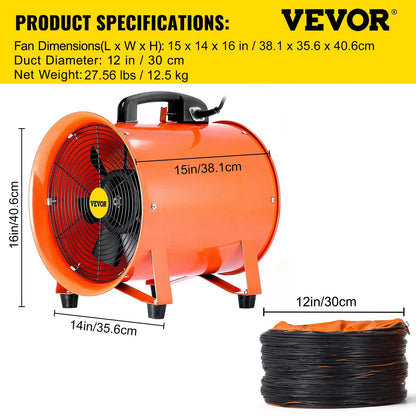 VEVOR Utility Blower/Exhaust Axial Hose Fan, 12 Inches, 3900 m3/h High Velocity Portable Ventilator, Low Noise Extractor Fan Blower with 16 ft / 5 m