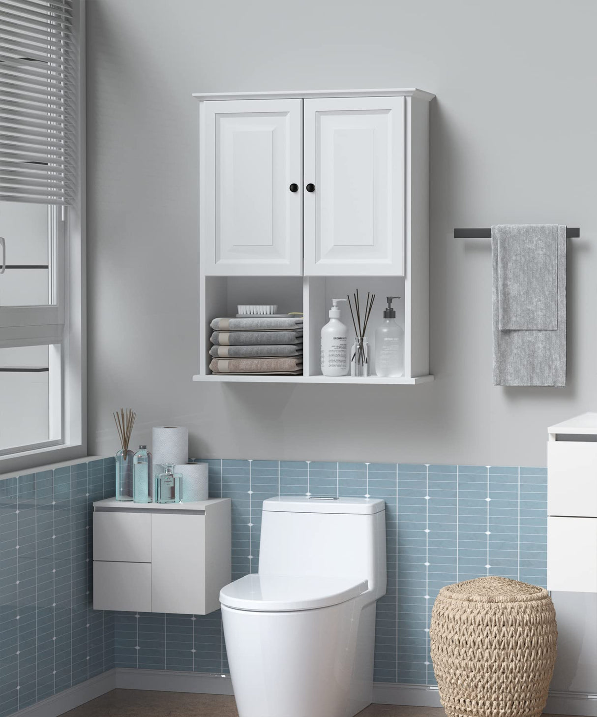 HAIOOU Bathroom Wall Cabinet with Motion Sensor LED Light, Wooden Medicine Cabinet Wall Mounted Cupboard, Over Toilet Storage Cabinet with Buffering HAIOOU