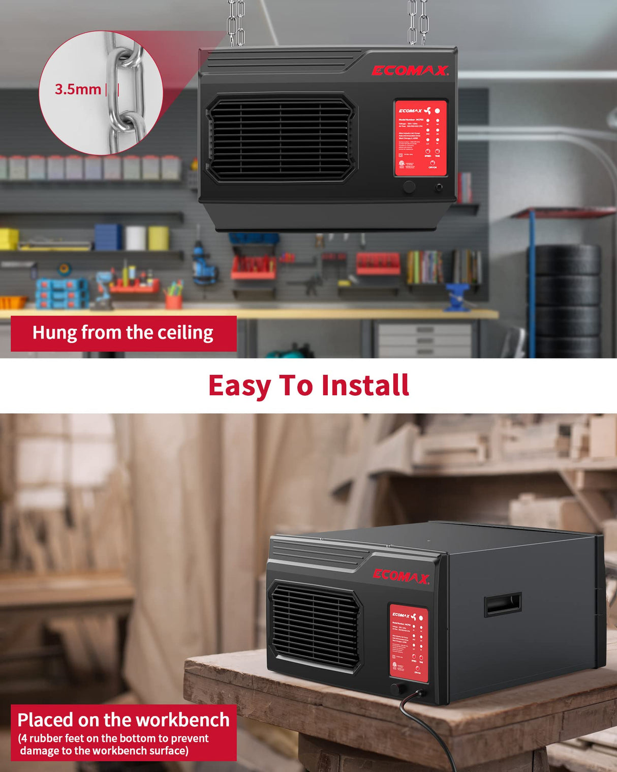 Ecomax MCF03 Air Filtration System, 3-Speed Hanging Ceiling Dust Collectors for Woodworking, Remote Controlled Dust Collection Systems for Shop ECOMAX