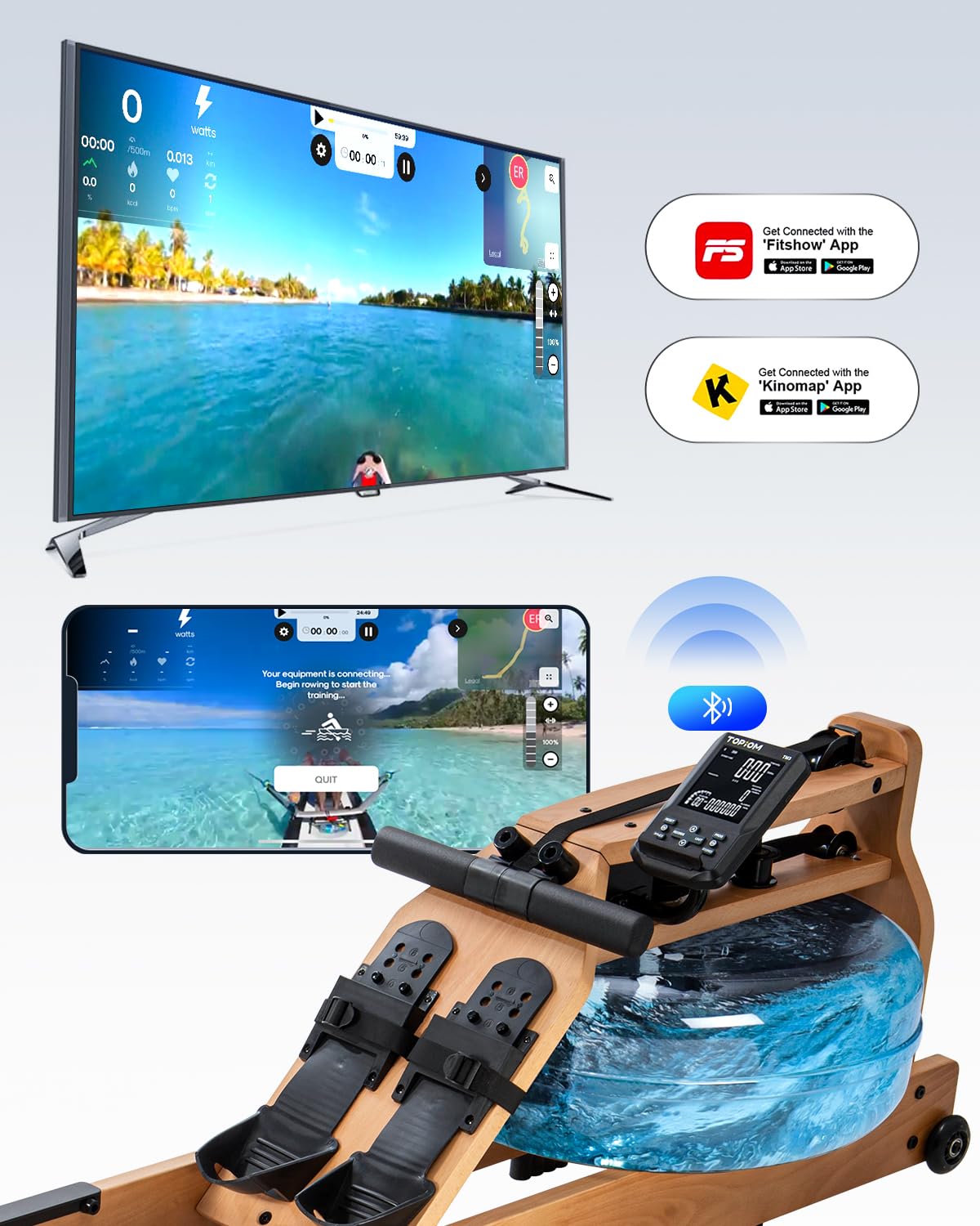 TOPIOM Water Rowing Machine with TM-3 Performance Monitor, 400 lbs Max Load, Oak Wood Rower Machine TOPIOM