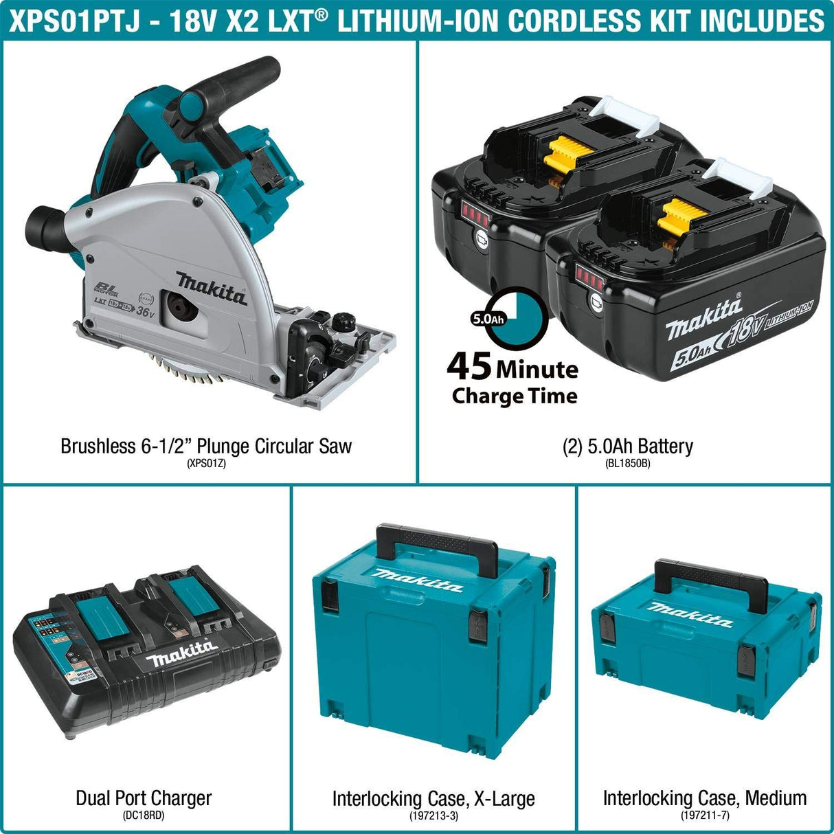Makita XPS01PTJ 18-Volt X2 LXT Lithium-Ion (36V) Brushless Cordless 6-1/2 inch Plunge Circular Saw Kit (5.0Ah) with 199140-0 39 inch Guide Rail(Sold Makita