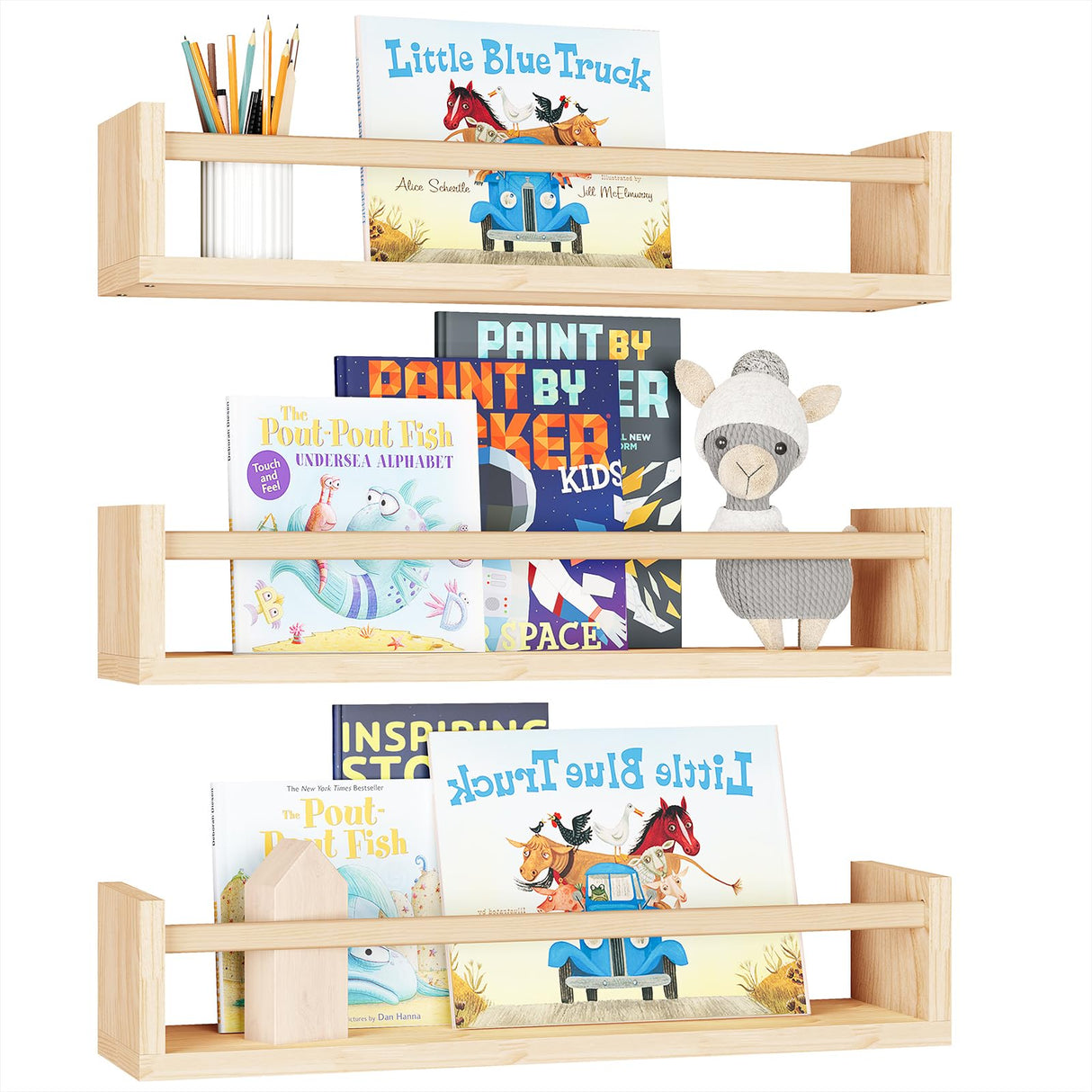 Fixwal Floating Wall Bookshelves, Baby Nursery Decor, 16.5 Inch Solid Wood Shelves for Books, Toys and Decor Storage (Natural Wood) Fixwal