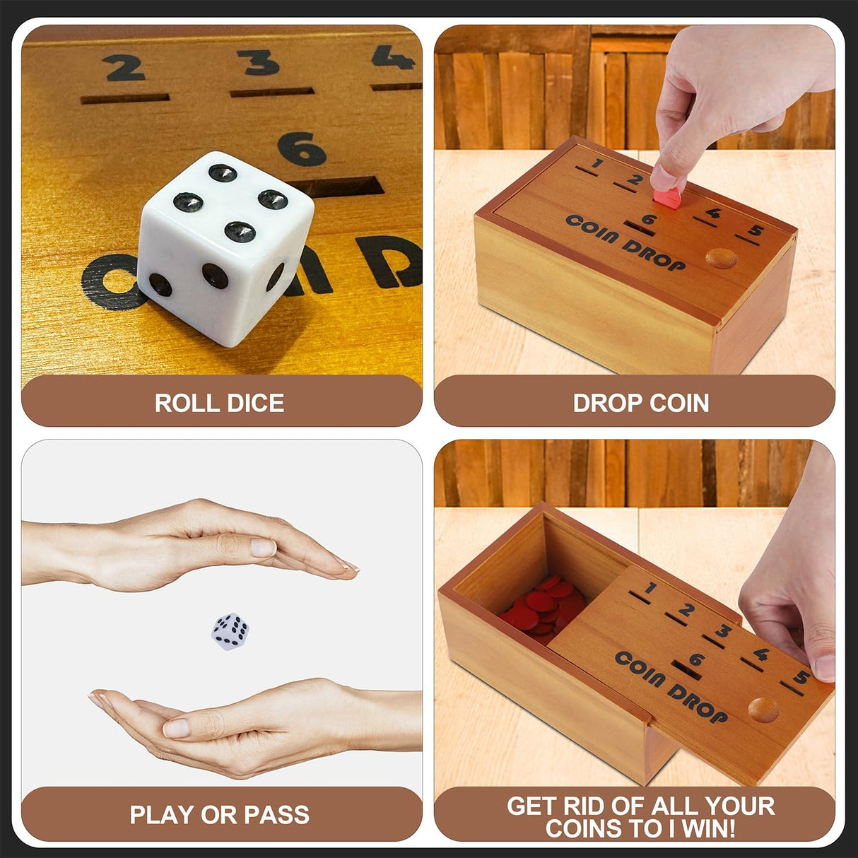 Juegoal Coin Drop Set, Pennies Dice Games for Kids and Adults, Wooden Tabletop Board Game Sets for 2-6 Player, Wood Penny Game Box Includes 48 Chips Juegoal