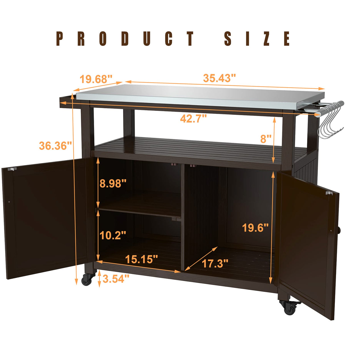 GDLF Outdoor Storage Cabinet Solid Wood Prep Grill Table with Stainless Steel Top Waterproof Cover Dark Brown GDLF