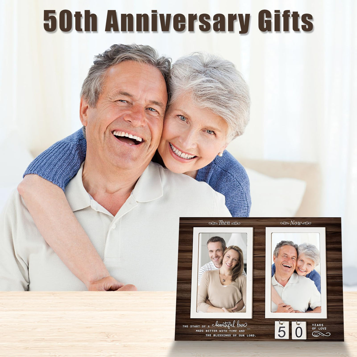 Then & Now Anniversary Picture Frame ,Holds 2 4x6 Inches Photos ,Personalized 1-99 Years 25th 40t 50th Wedding Gift Wood Photo Frames ,Picture Frame QUJOGA