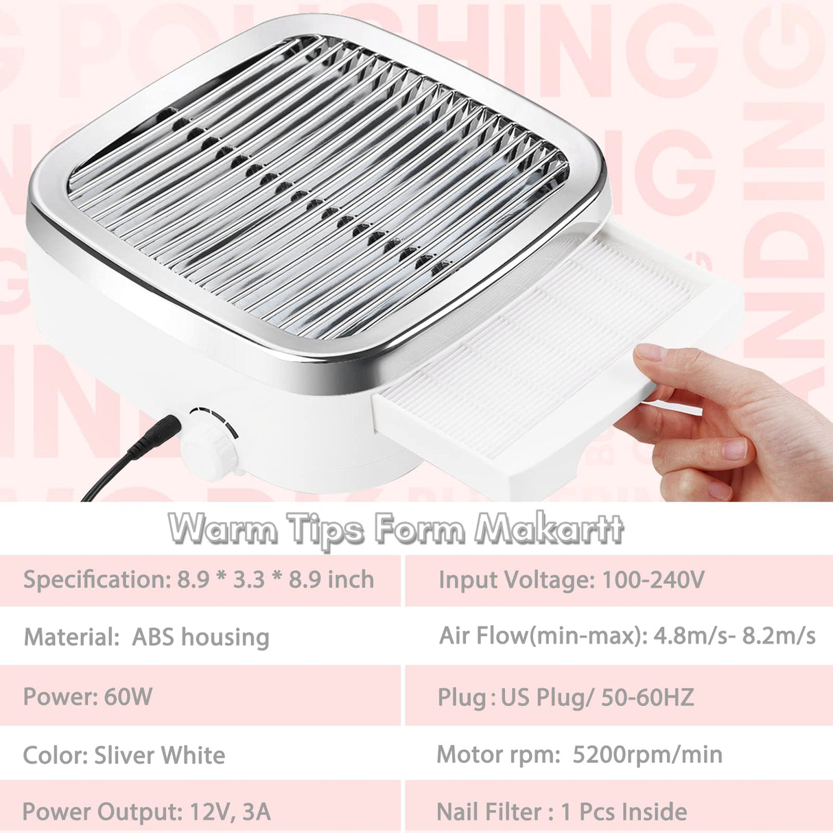 Makartt Nail Dust Collector 60W Extractor Vacuum Dust Collector for Nails Acrylic Nail Drill Dust Extractor Beauty Gift Nail Salon Equipment with 2 Makartt