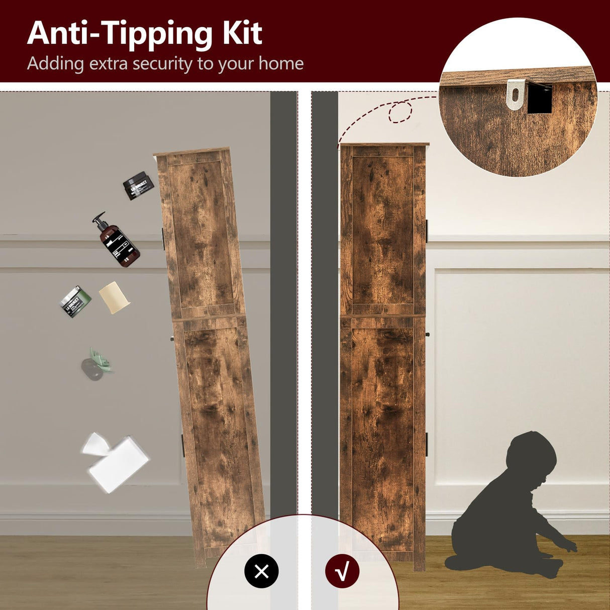 WEENFON Tall Bathroom Cabinet with 6 Shelves, Narrow Cabinet with 2 Doors & 1 Drawer, Freestanding Storage Cabinet, for Bathroom, Living Room, WEENFON