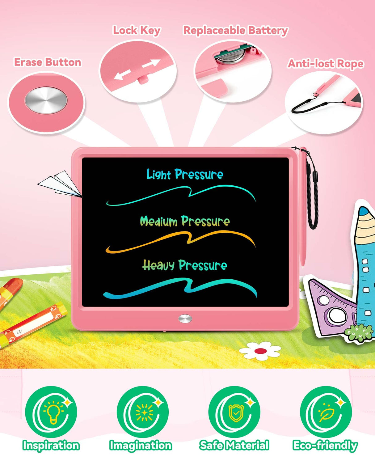 KOKODI 12 Inch LCD Writing Tablet with Anti-Lost Stylus, Erasable Doodle Board Colorful Toddler Drawing Pad, Car Travel School Games Toys for 3 4 5 6 KOKODI