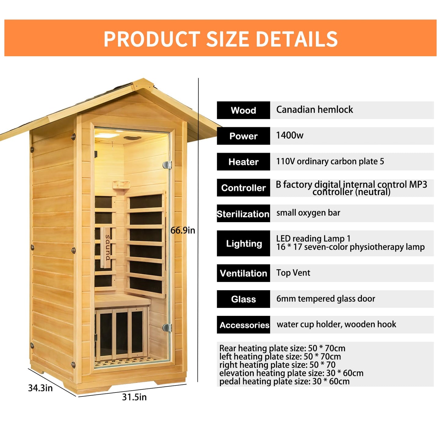 Zugoni 1 Person Outdoor Far Infrared Sauna，Canadian Hemlock Wood Home Indoor Sauna 1400W Dry Sauna Personal Room with Bluetooth Speakers, LED Lamp,