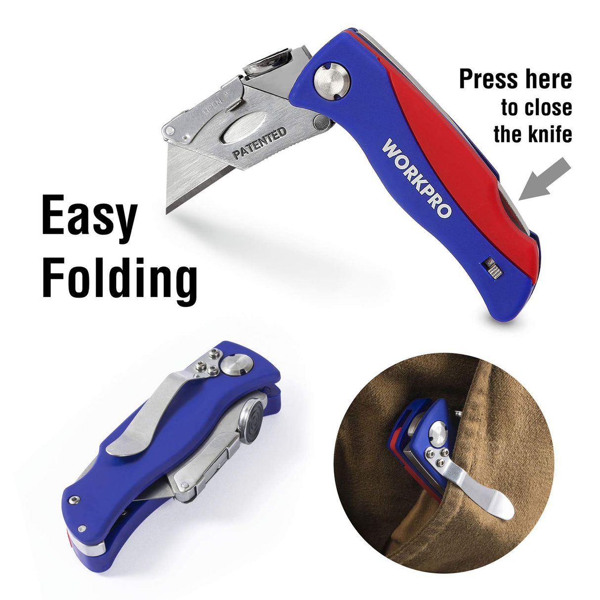 WORKPRO Folding Utility Knife, Quick-Change Box Cutter, Blade Storage in Handle with 5 Extra Blades Included WORKPRO