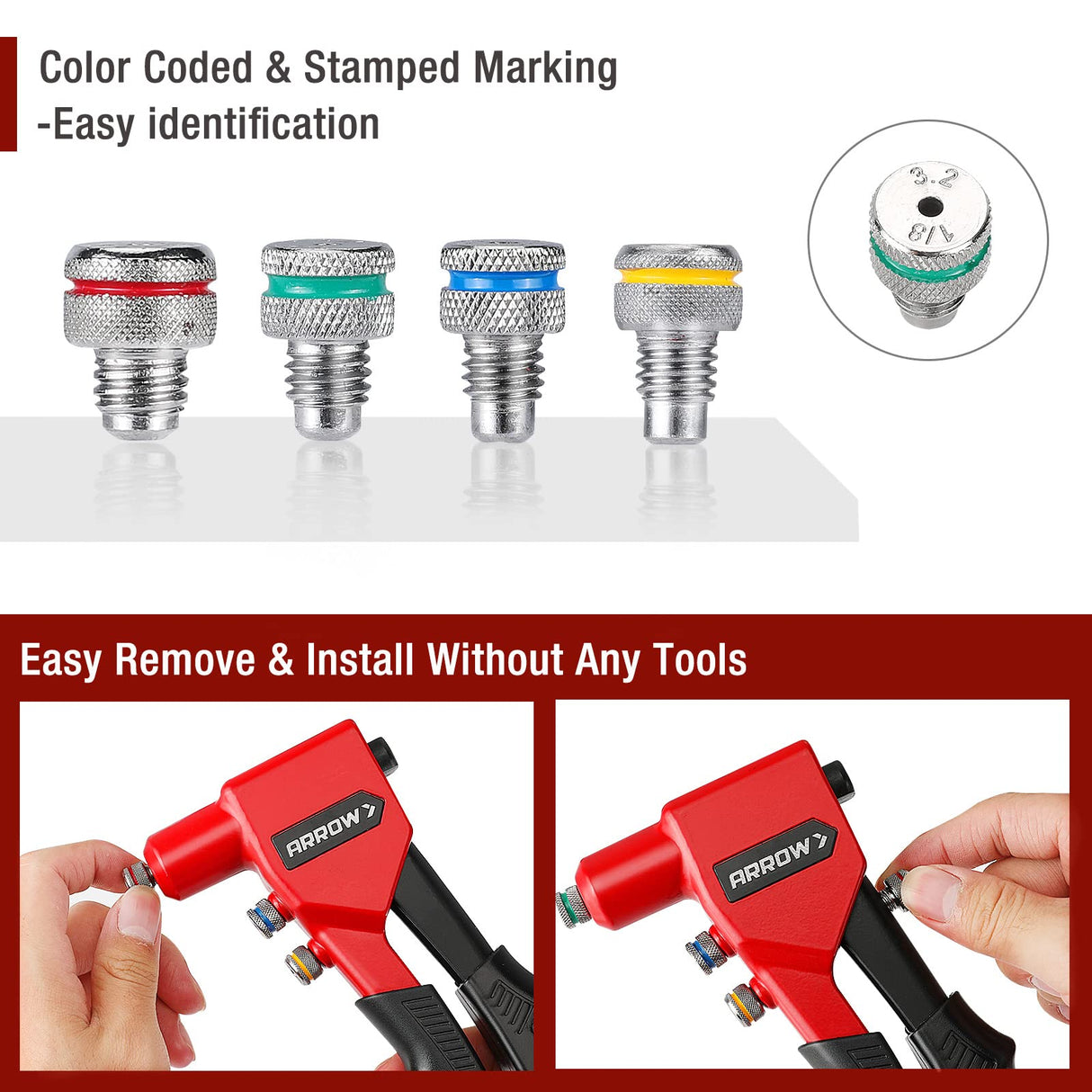 Arrow Hand Riveter Kit, RT187M Professional Pop Rivet Gun with 3/32", 1/8", 5/32", 3/16" 100 Pieces Rivets (Each 25 Pieces), Great for Metal, Gutter Arrow