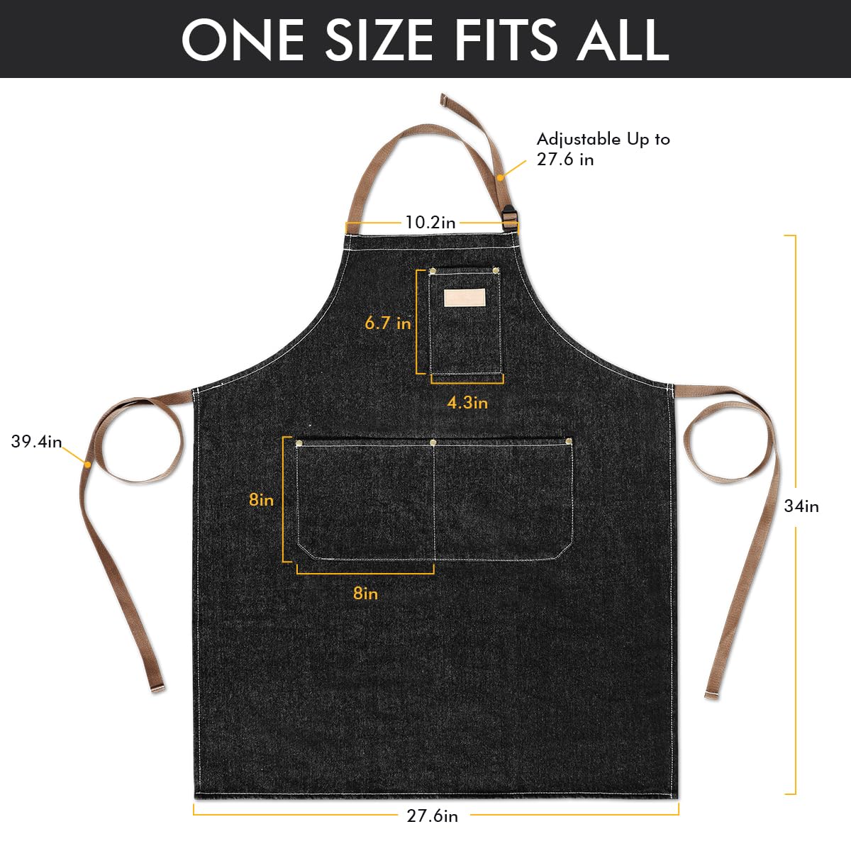 ROTANET Denim Work Apron with 3 Pockets Adjustable Bib Jean Tool Apron for Chef Kitchen Shop Cooking Grilling for Men Women Black ROTANET