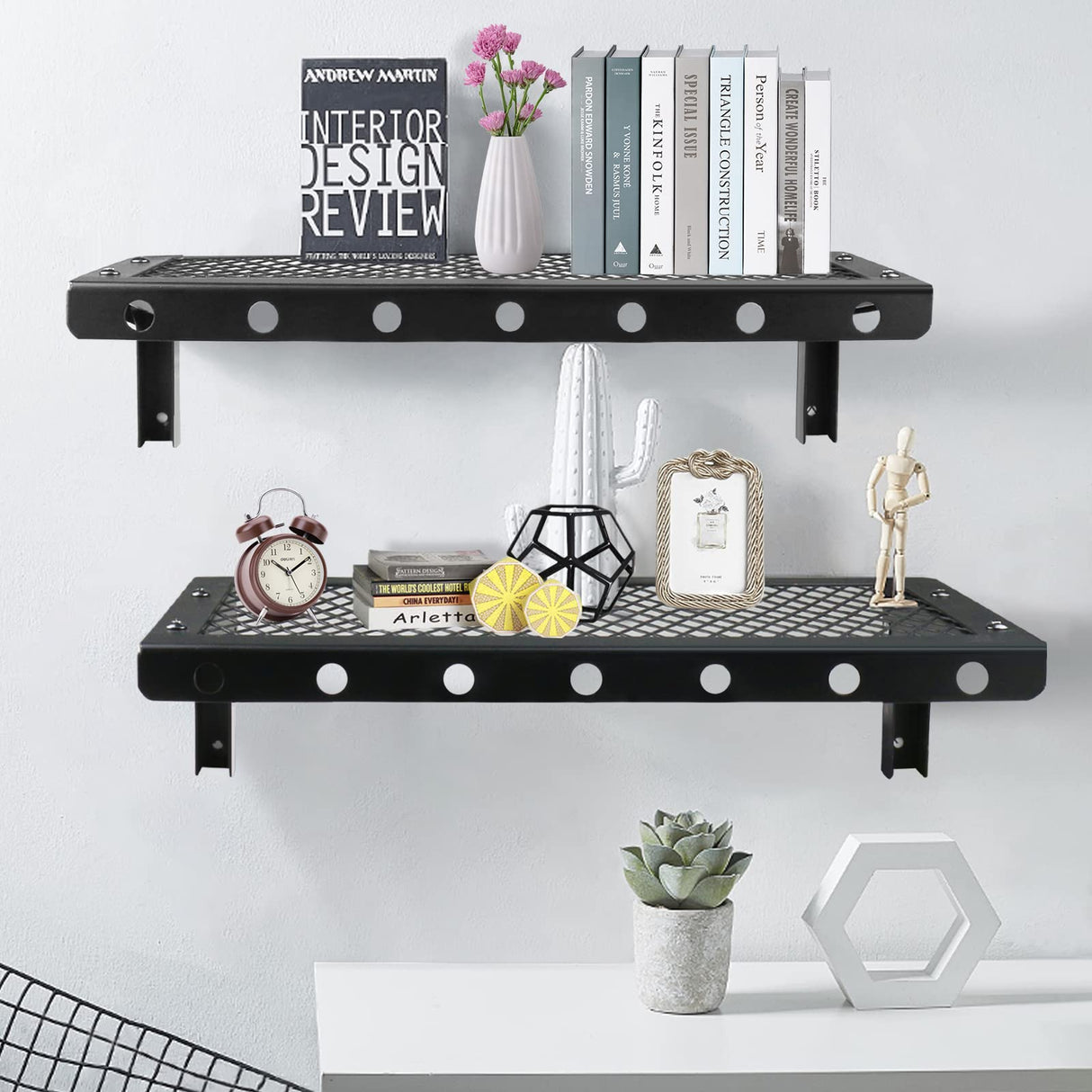 Sedesbon Set of 2 Black Floating Wall Shelves with Mesh Panels for Versatile Home Decor Sedesbon