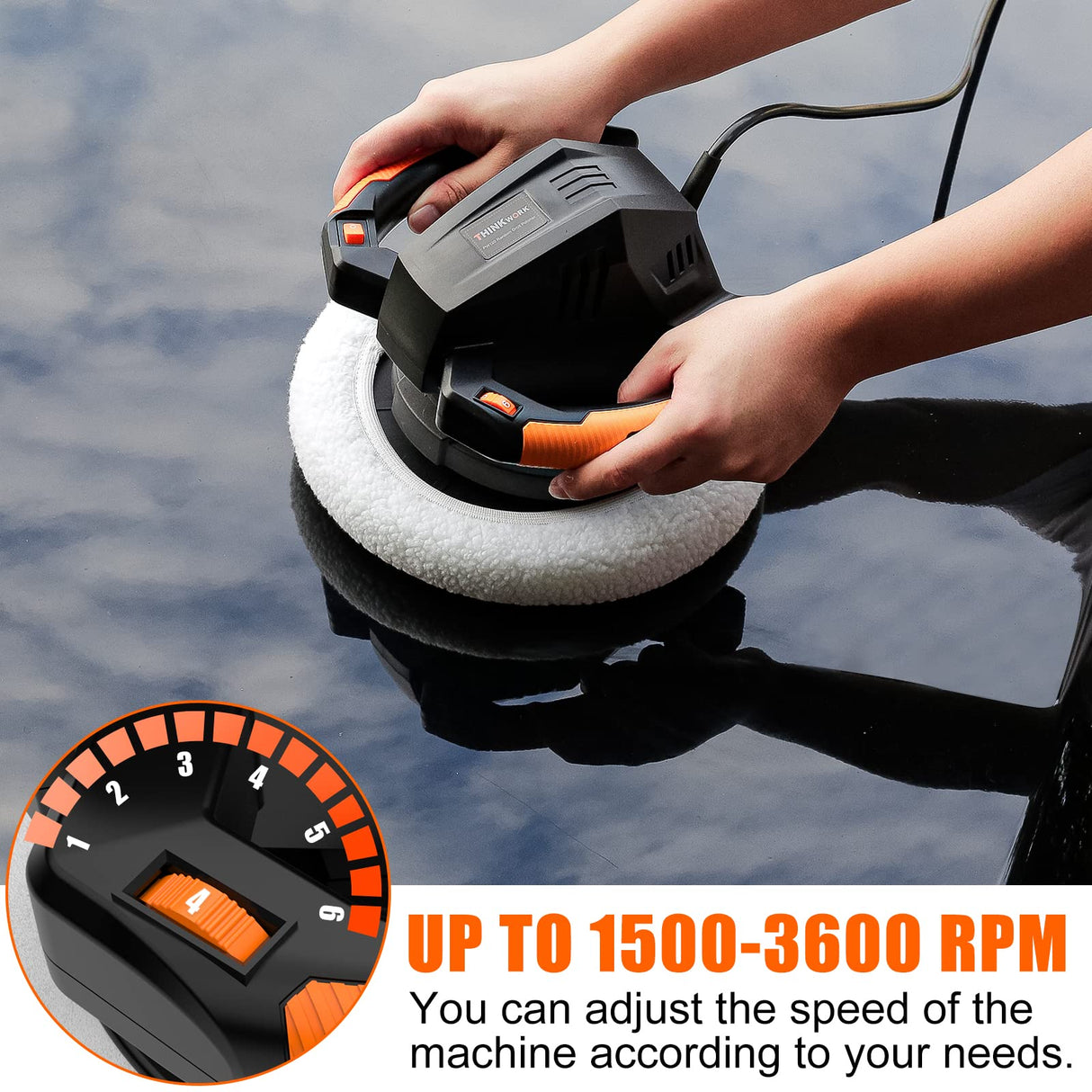 THINKWORK Buffer Polisher,10 Inch Car Polisher Sets with 4 Buffing and Polishing Bonnets,6 Variable Speed 1500-3600 RPM,Double handle, Ideal for Car THINKWORK