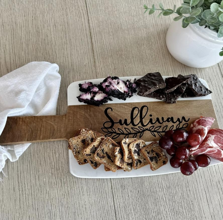 Cheese Board, Personalized Wood Marble Cutting Board, Initial Marble Cheese Board Charcuterie Boards, Engagement Gifts for Couples (Rectangular Wood The Paisley Box