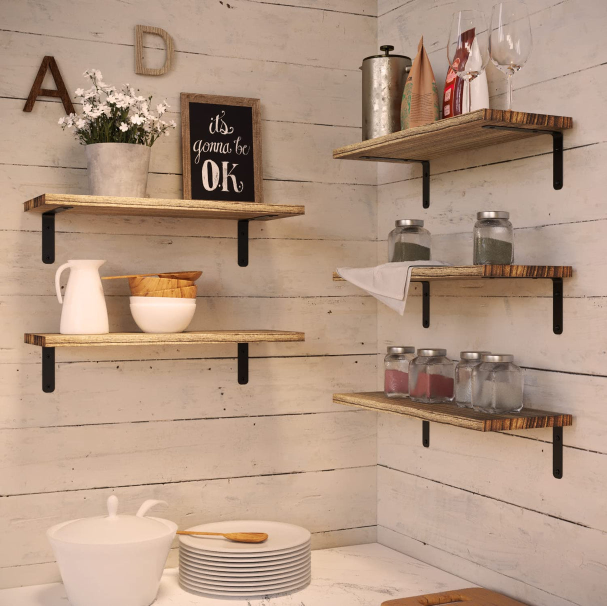 RICHER HOUSE Rustic Wood Shelves Set of 5, Farmhouse Style Floating Shelf for Wall Décor, Hanging Shelves forBathroom, Bedroom, Storage, Kitchen, RICHER HOUSE