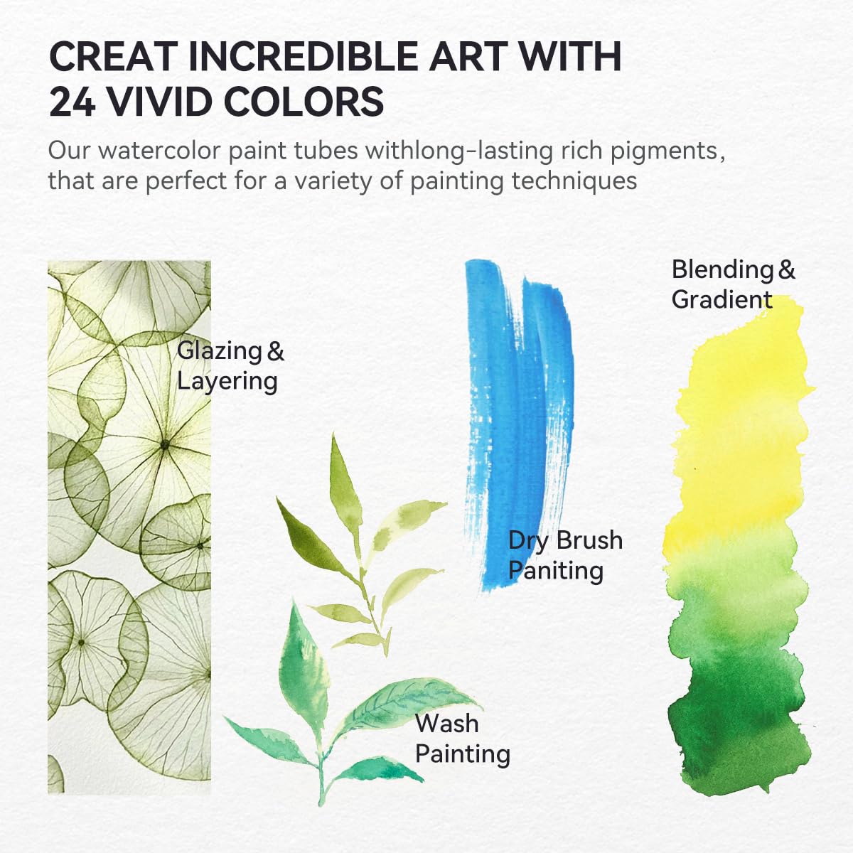 LIGHTWISH Professional Watercolor Paint Tube Set Artist Grade, 9 ML 24 Vivid Colors Art Supplies, Premium Non Toxic Water Colors Paint for Adults, LIGHTWISH