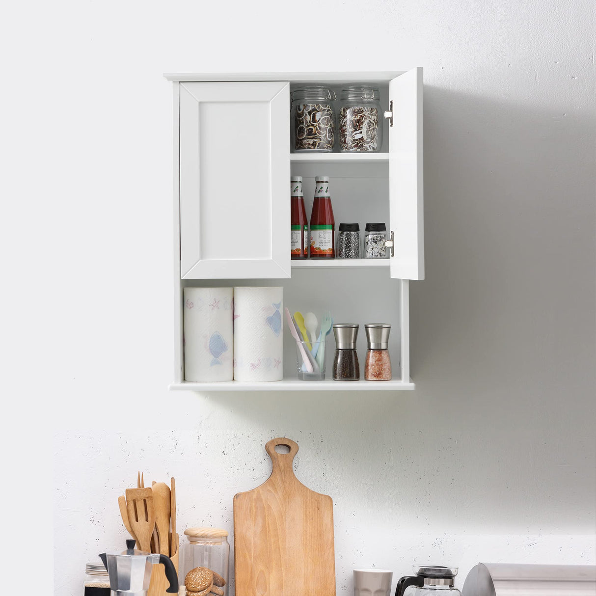 VANIRROR White Wooden Bathroom Wall Cabinet with Adjustable Shelves and Buffering Hinge Design VANIRROR