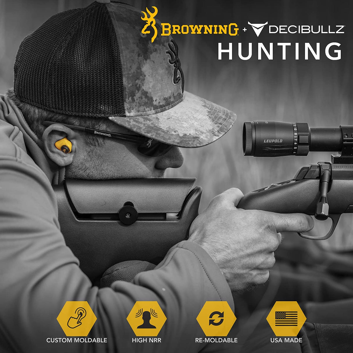 Browning Hearing Protection for Shooting by Decibullz Custom-Molded Earplugs, 31-Decibel Noise Reduction Rating (NRR), Includes Lanyard and Travel Decibullz