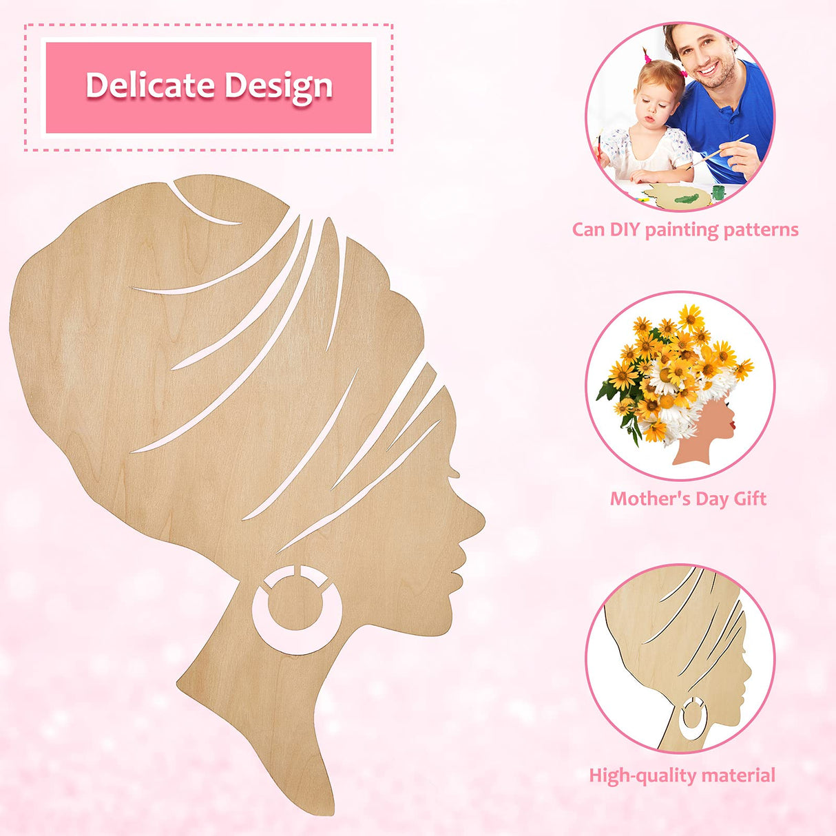 2 Pieces African Girl Wooden Cutouts DIY Wooden Template Mother and Child Wreath DIY Template Head Wooden Silhouette for DIY Mother's Day Present Jetec