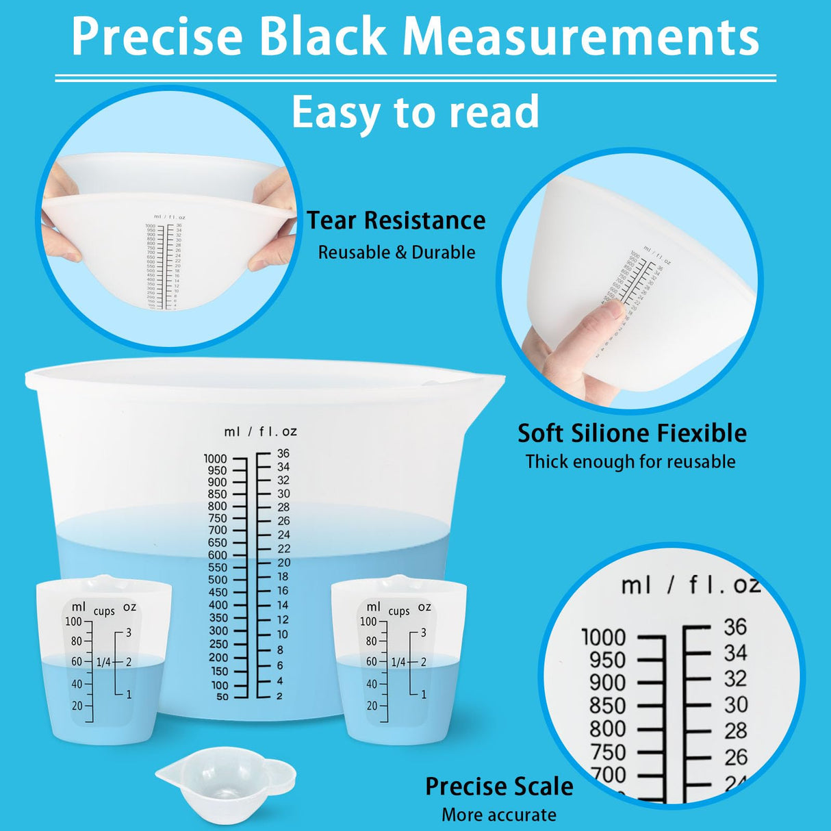 Creahaus 1000ML Large Silicone Measuring Cups for Resin, Easy to Read 36oz Silicone Mixing Bowl with 100ML Silicone Resin Mixing Cup, Easy Clean Creahaus