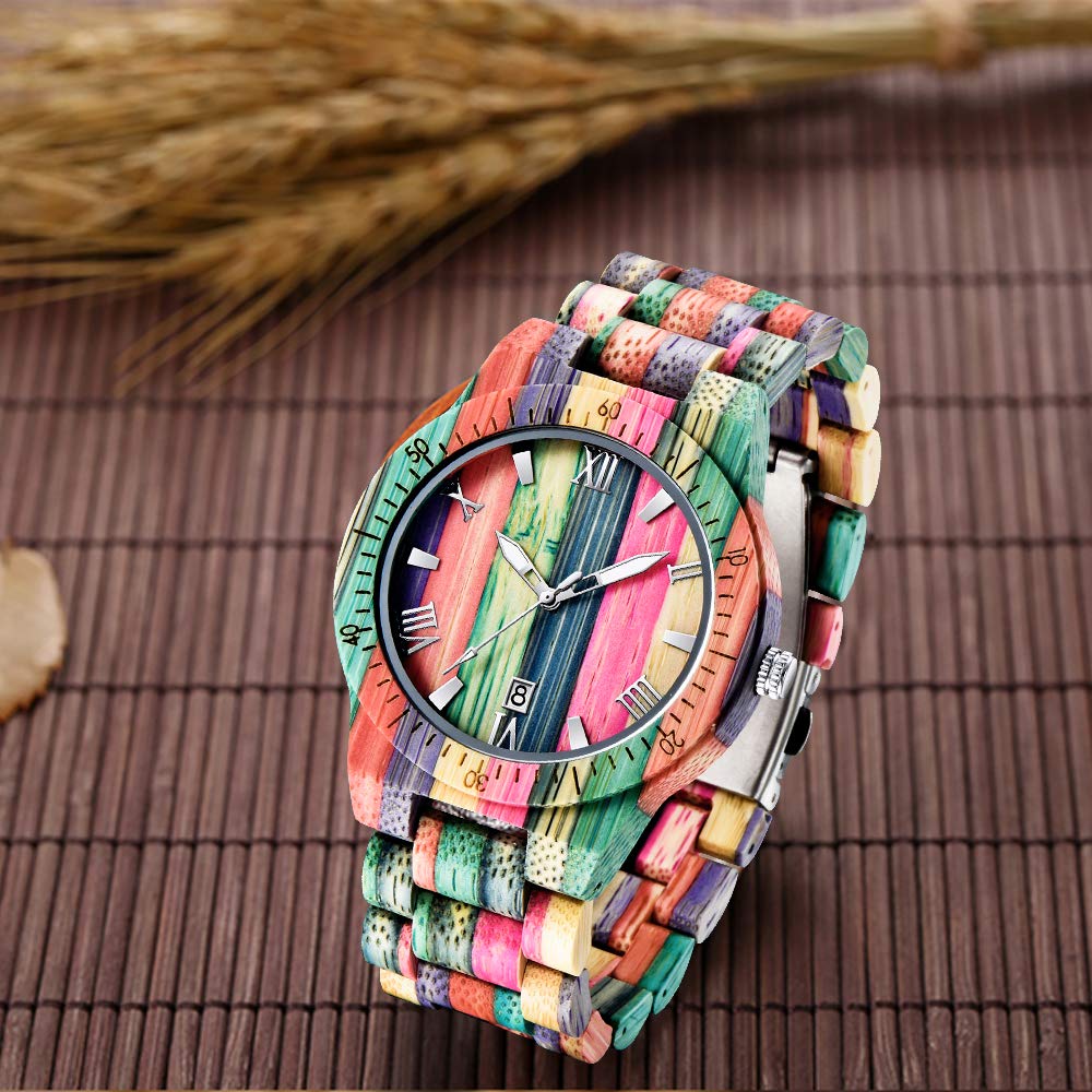 Tiong Brand Wooden Watches Mens with Handmade Colorful Bamboo Wood Watch Analog Date Quartz Wooden Watch for Men Tiong