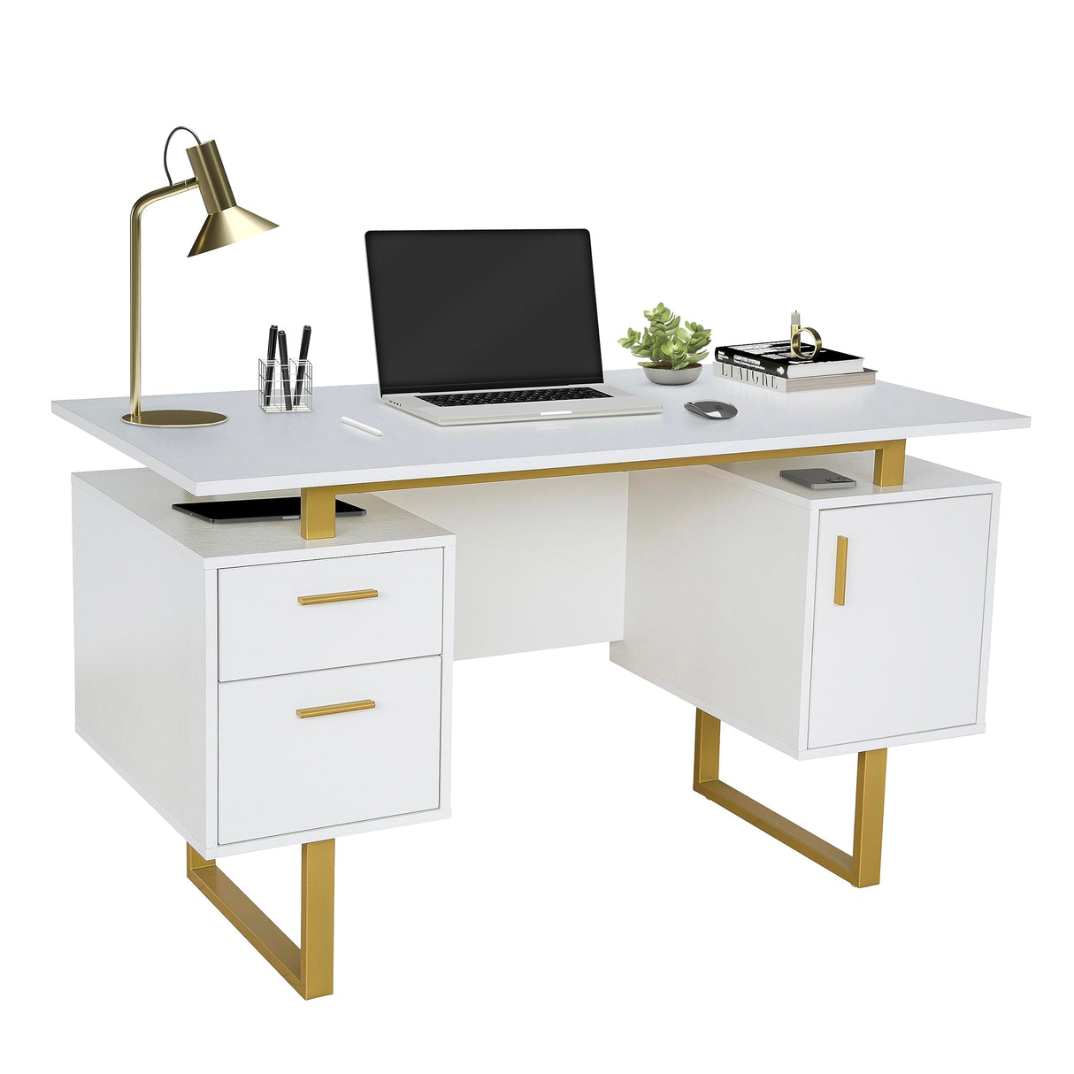 Techni Mobili Storage Drawers and Cabinet 51.25” W-Modern Office Large Floating Desktop Surface Desk, White/Gold Techni Mobili