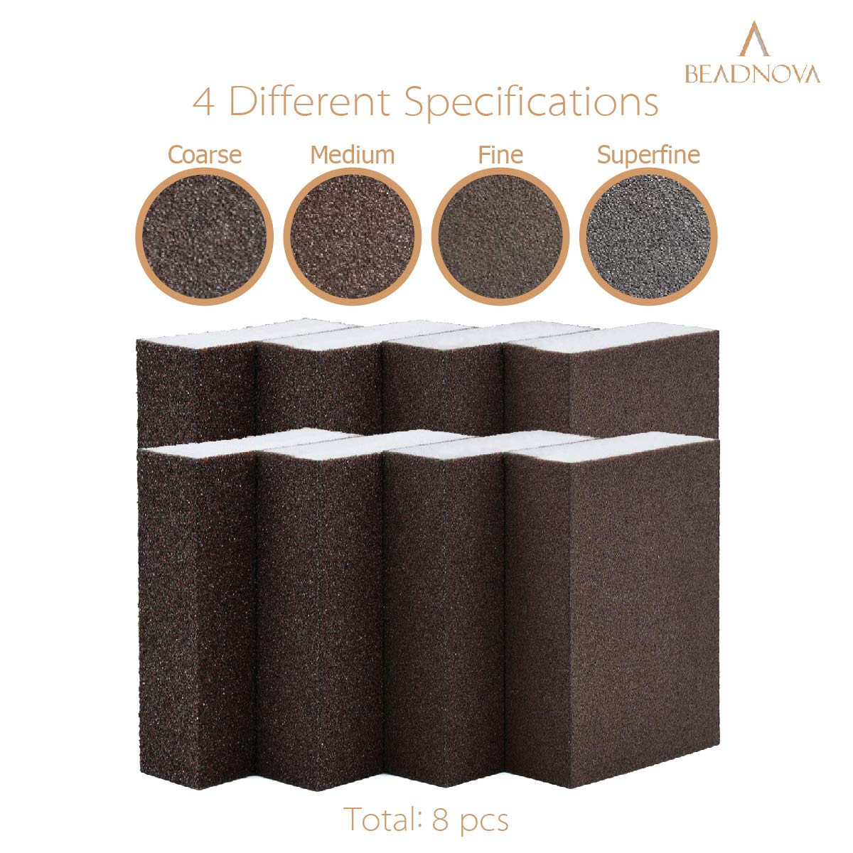 BEADNOVA Sanding Block Sandpaper Block Coarse/Medium/Fine/Superfine Assorted Dry Wet Sanding Sponge (Pack of 8, 4 Grit) BEADNOVA