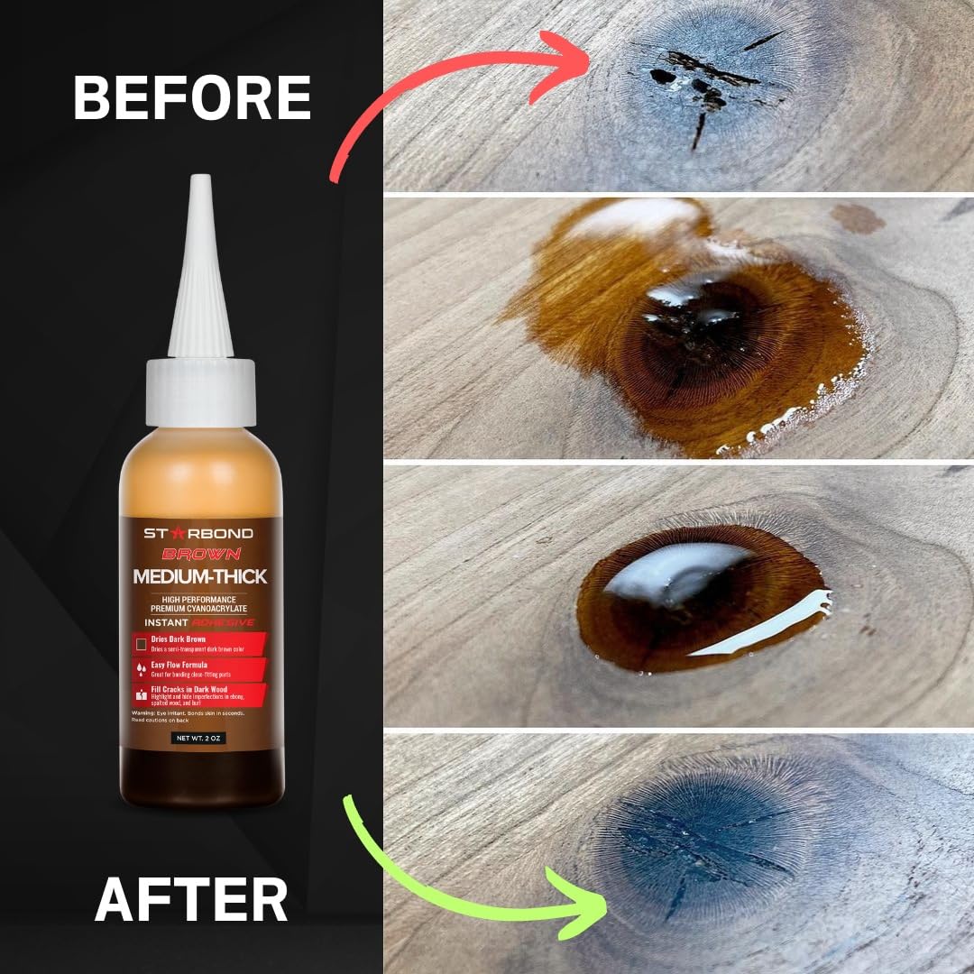 Starbond 2 oz. "Dark Brown" Medium-Thick CA Glue (Premium Cyanoacrylate Super Glue) Knot Filler 500 CPS Viscosity for Woodworking, Woodturning, Starbond