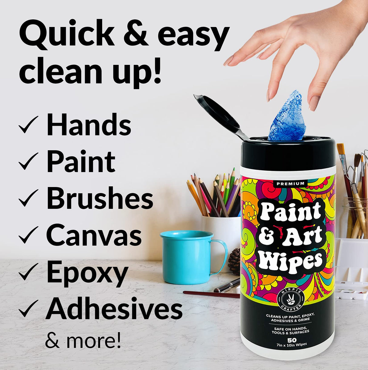 Paint & Art Wipes Paint Remover Wipes Cleaner Epoxy Glue Stains Latex, Acrylic Hand Cleaner and Plastic, Metal or Wood Surfaces, Floors, Brushes, HIPPIE CRAFTER