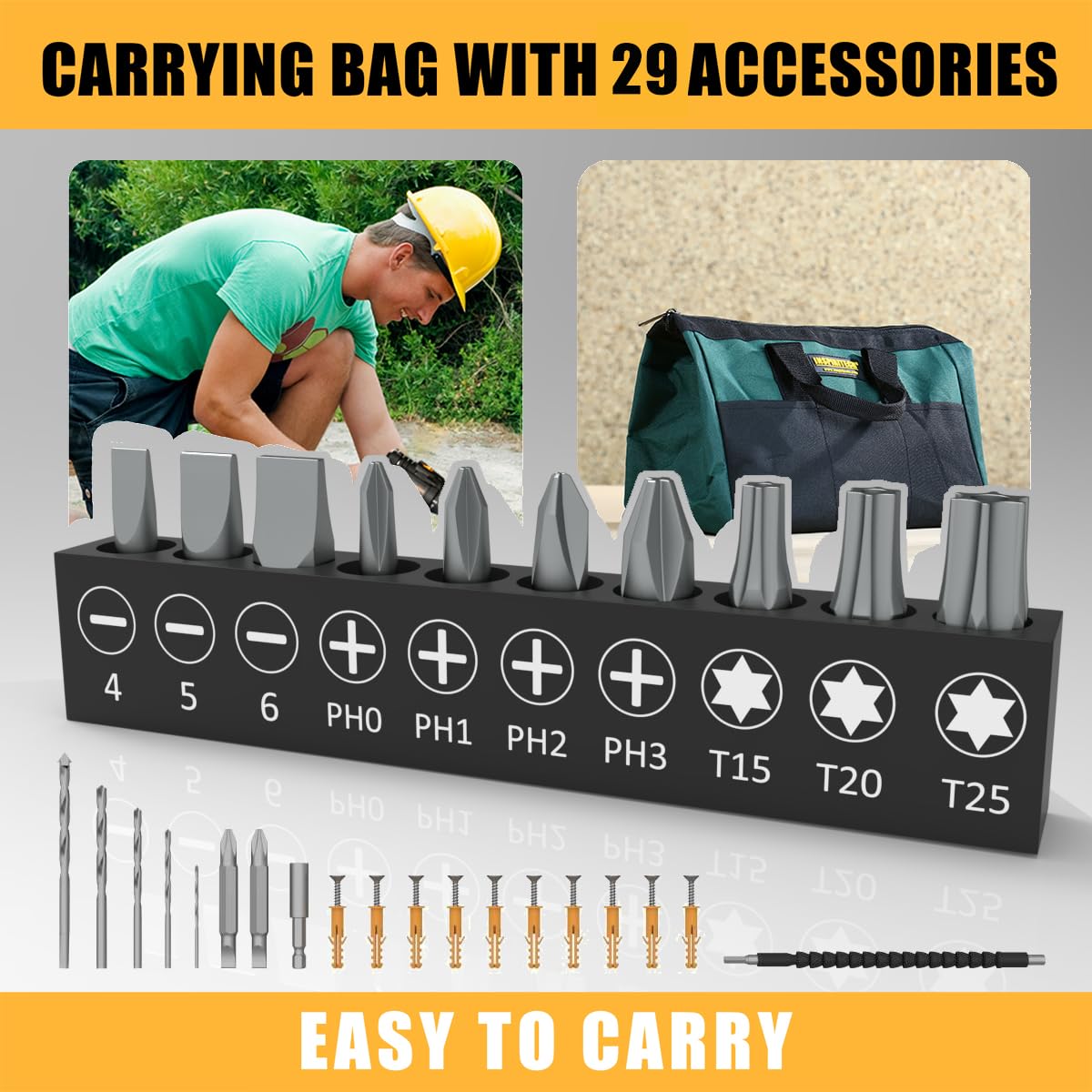 INSPIRITECH 20V Cordless Drill, Power Drill Set with 2 Batteries and Charger,3/8-Inch Chuck Electric Drill Kit with 24-Torque Setting, Drill Driver INSPIRITECH