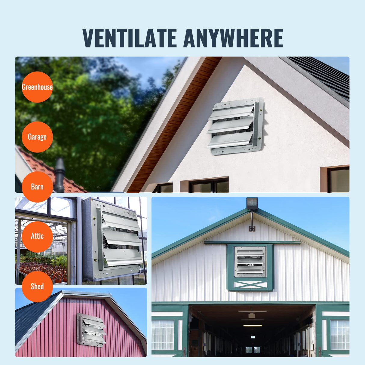 VEVOR 10'' Shutter Exhaust Fan, High-speed 820 CFM, Aluminum Wall Mount Attic Fan with AC-motor, Ventilation and Cooling for Greenhouses, Garages, VEVOR