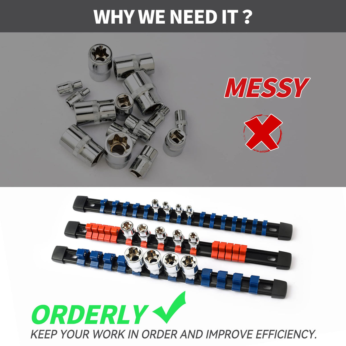 Reniteco Socket Organizer Drive ABS Tools-Socket Holder, Premium Quality 9 Pieces Holders Kit 1/4-Inch x 48 Clips, 3/8-Inch x 45 Clips, 1/2-Inch x 36 Reniteco