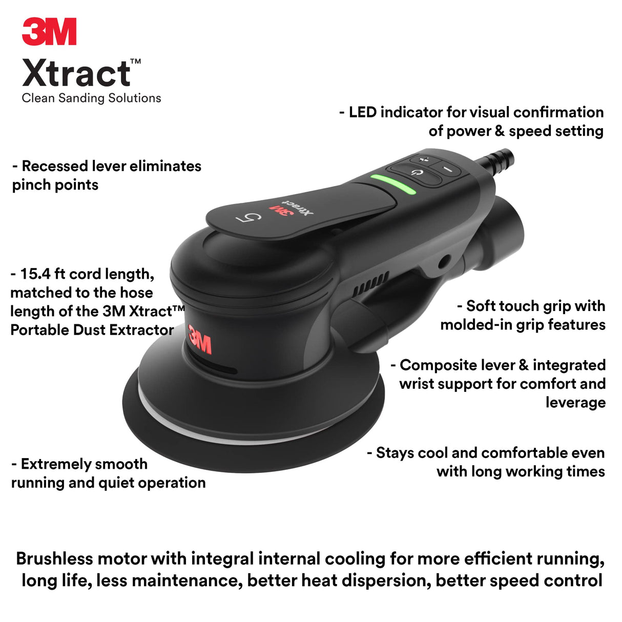 3M Xtract Electric Random Orbital Sander, Ergonomic and Lightweight ROS, 88758, 5 in, Central Vacuum, 3/16 in Orbit, 110V, 350W Motor, Metal Xtract