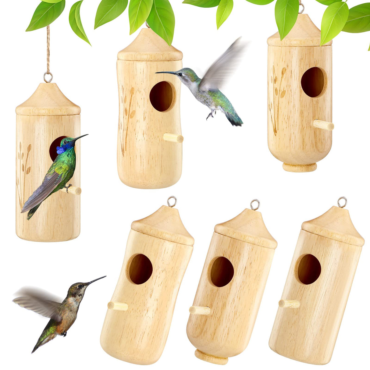 6 Pcs Humming Bird House for Outside Hanging Natural Wooden Hummingbird Nest Swinging Humming Bird Nest with Hemp Ropes for Garden Outdoor Window Qunclay