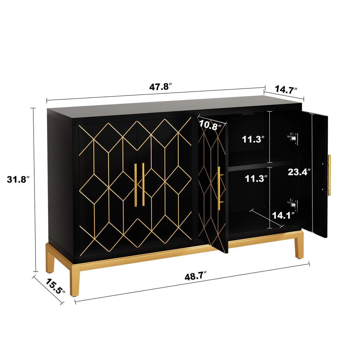 HLR Accent Cabinet with 4 Doors&Shelves, Sideboard Buffet Cabinet with Gold Trim, Modern Black Storage Cabinet for Living Room, Entryway, Kitchen, HLR