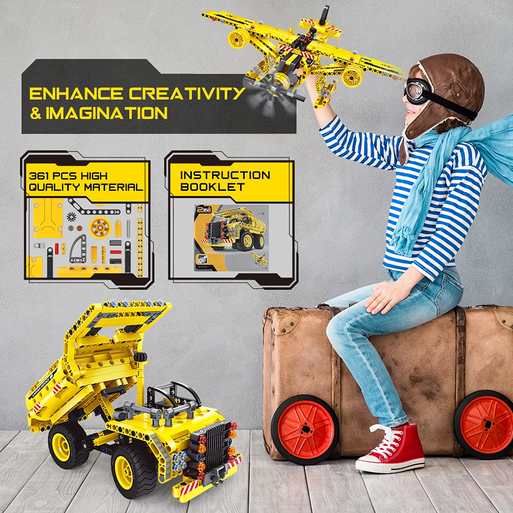 STEM / Building Toy for Ages 5, 6, 7, 8, 9, 10, 11, 12 Years Old Kid, Boy, Girl - 2-in-1 Truck Airplane Take Apart Toy, 361 Pcs DIY Building Kit, BAODLON