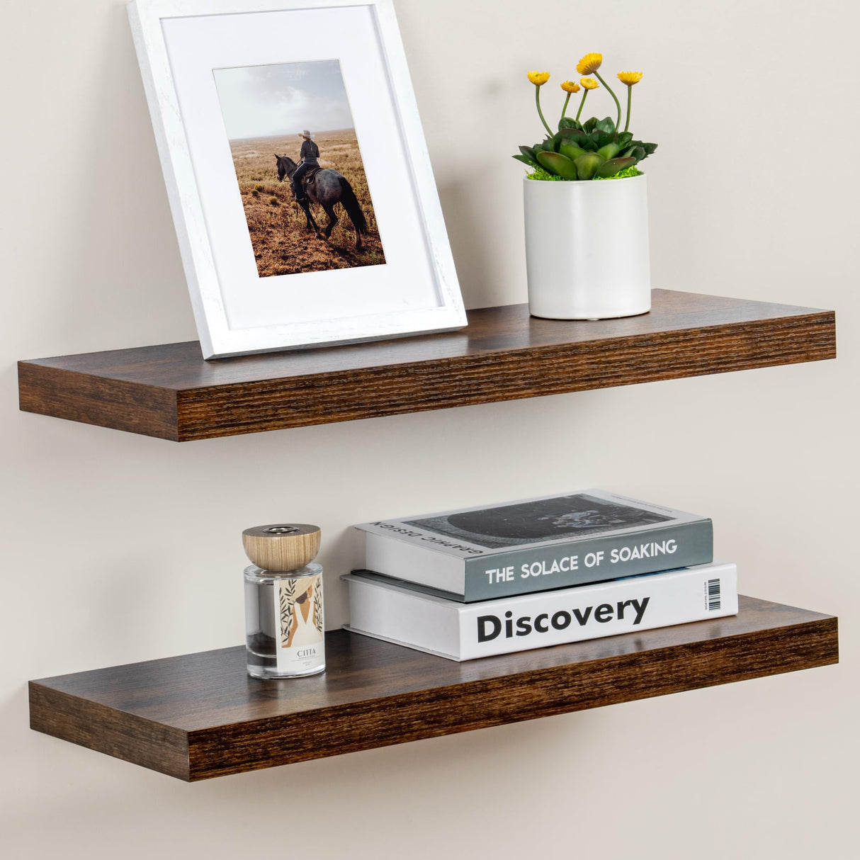 Floating Shelves for Wall, Large Floating Shelf 24" x 9", Rustic Brown Wooden Wall Shelves for Home Decor & Storage, Hanging Bathroom Shelves, Fun Memories