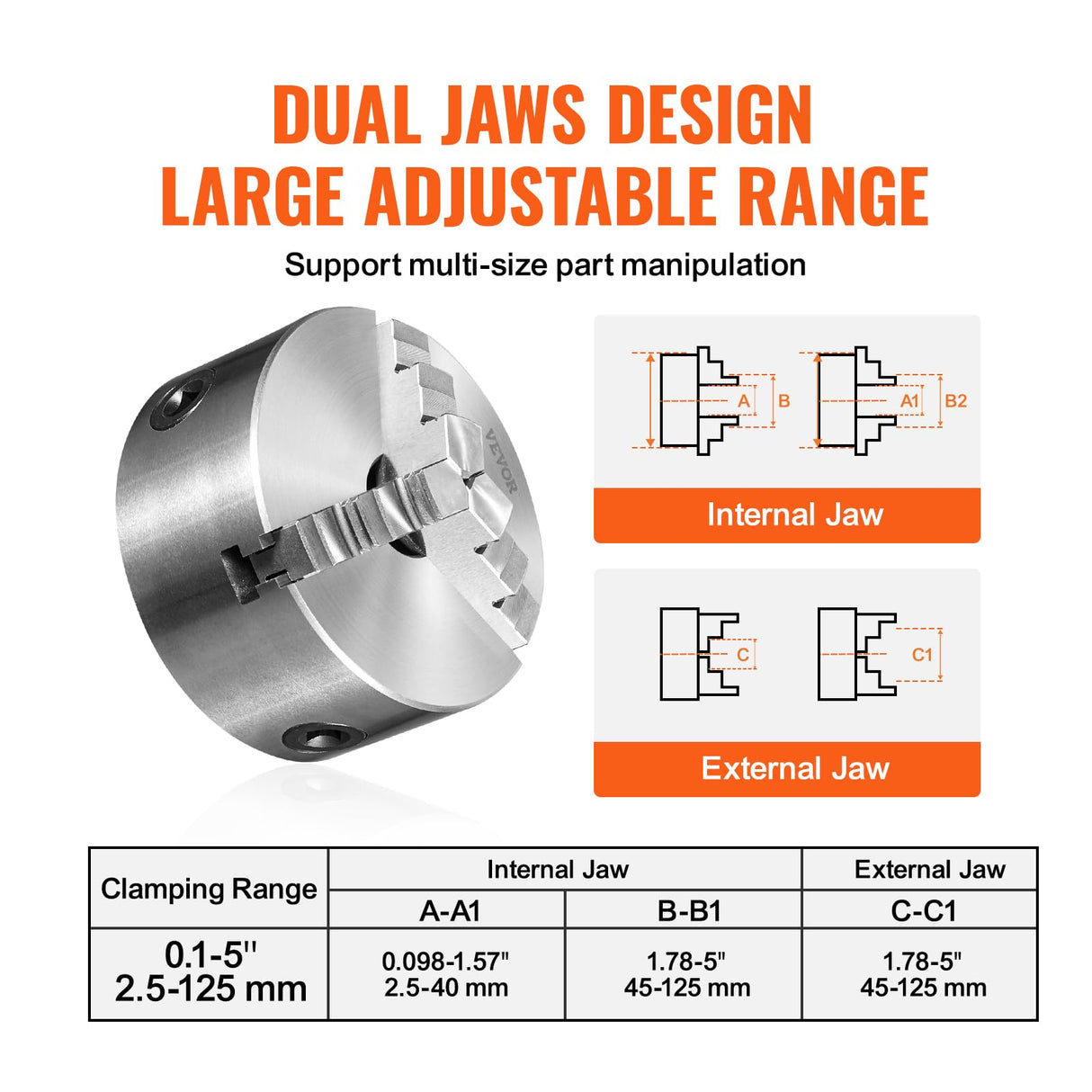 VEVOR 3-Jaw Lathe Chuck, 5'', Self-Centering Lathe Chuck, 0.1-5 in/2.5-125 mm Clamping Range with T-key Fixing Screws Reversible Jaws, for Lathe 3D VEVOR