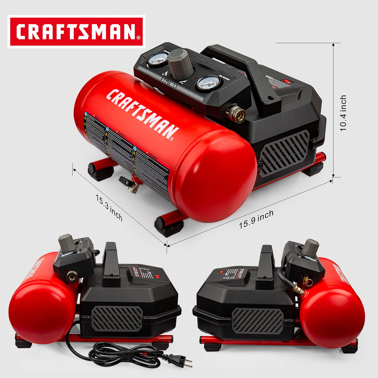 Craftsman Air Compressor, 1.5 Gallon 3/4 HP Max 135 PSI Pressure, 1.5 CFM@90psi and 2.2 CFM@40psi, Stainless Steel Portable Oil Free Maintenance Free Craftsman